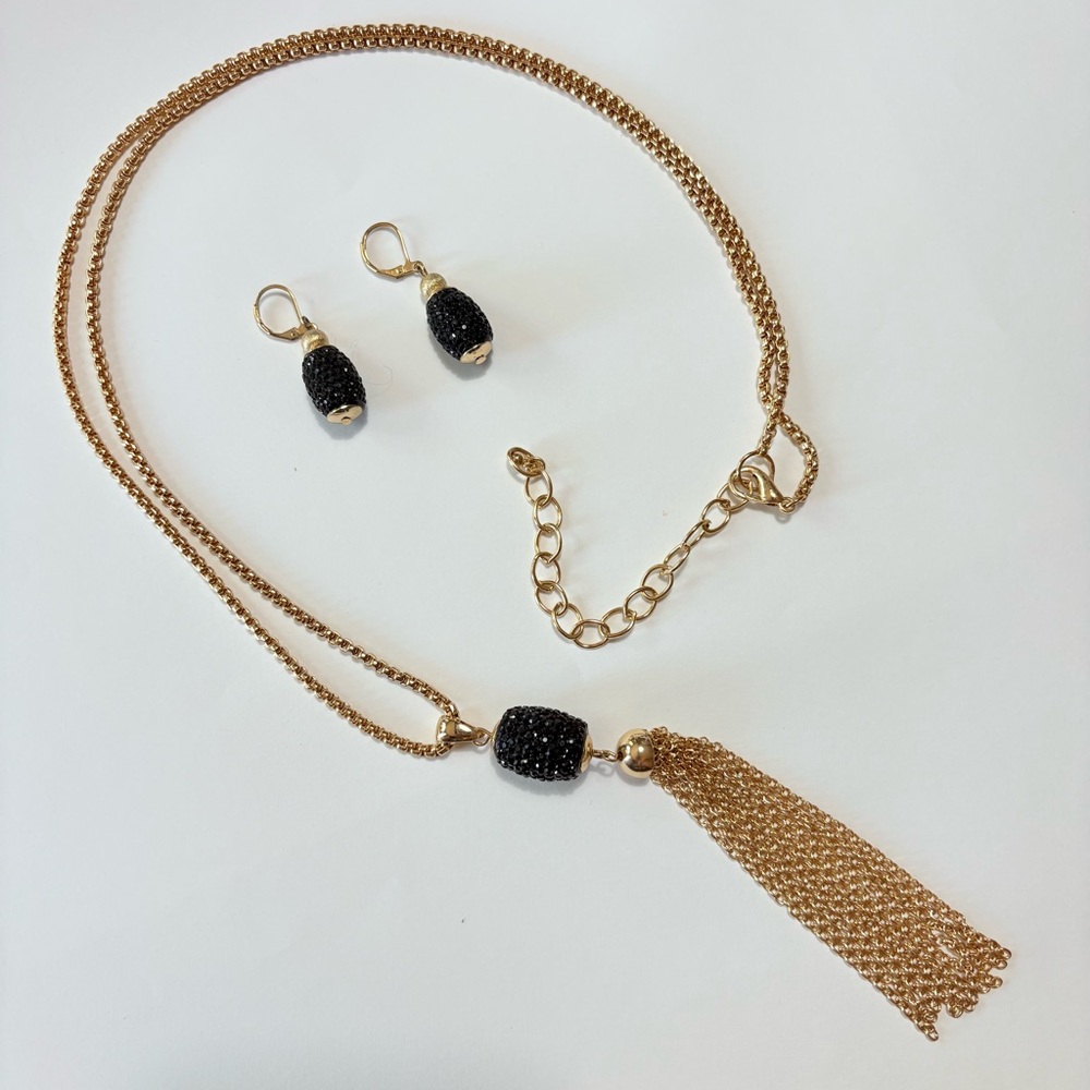 Vintage 1980’s Art Deco Style Gold Tone Black Glass Tassel Necklace & Earrings